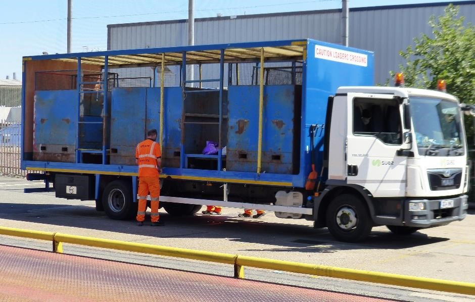 The kerbside stillage vehicle showcasing the compartments used to keep target materials separate